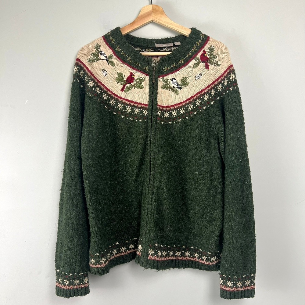 Croft & Barrow Silk Wool Bird Embroidered Zip Cardigan XL Christams Festive